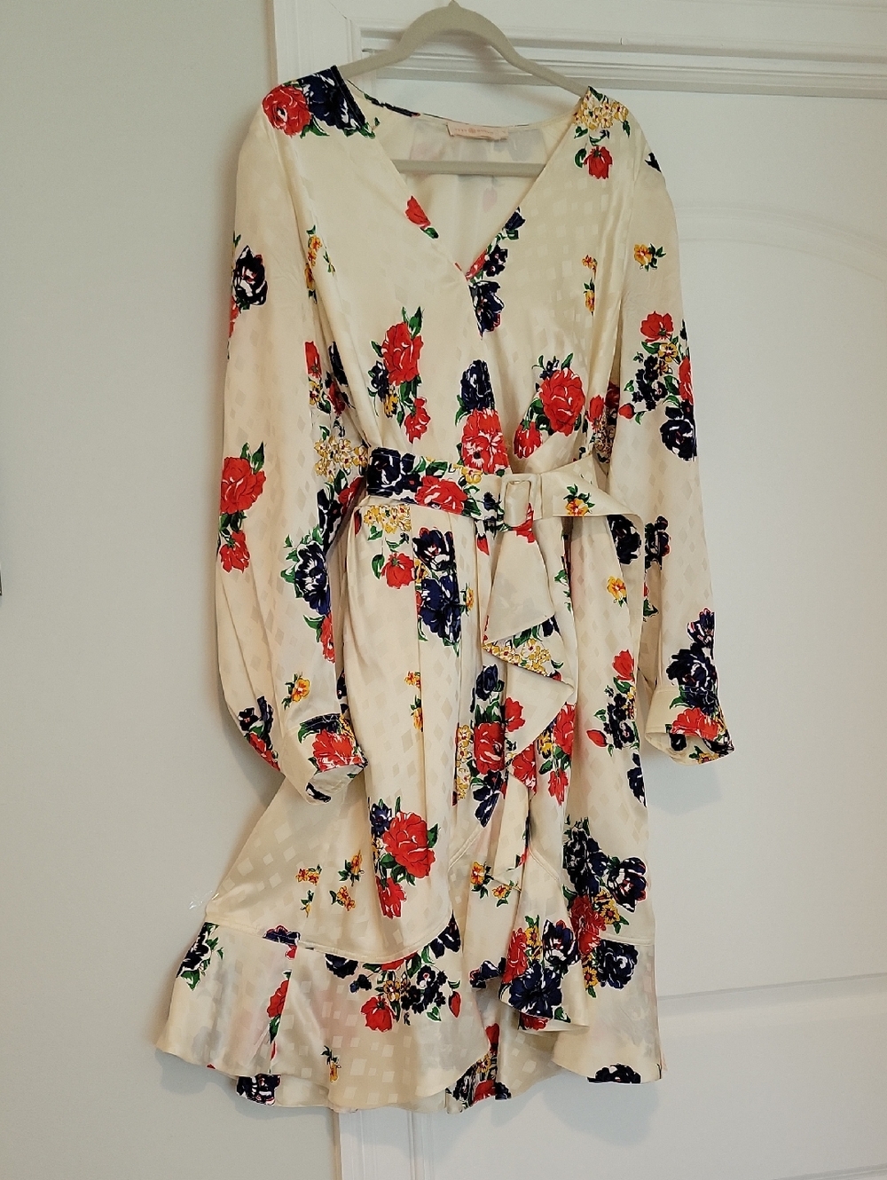 Tory Burch Cream Floral Long-Sleeve Wrap Dress with Red & Navy Blooms